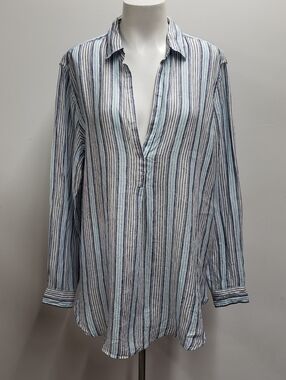 GAP Linen Popover Tunic Long Sleeve Women's XL Blue Beachy Coastal Vacation